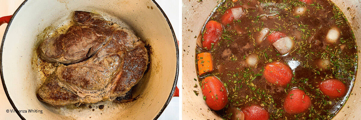 One photo of browned chuck roast and one photo of a beef broth with vegetables.