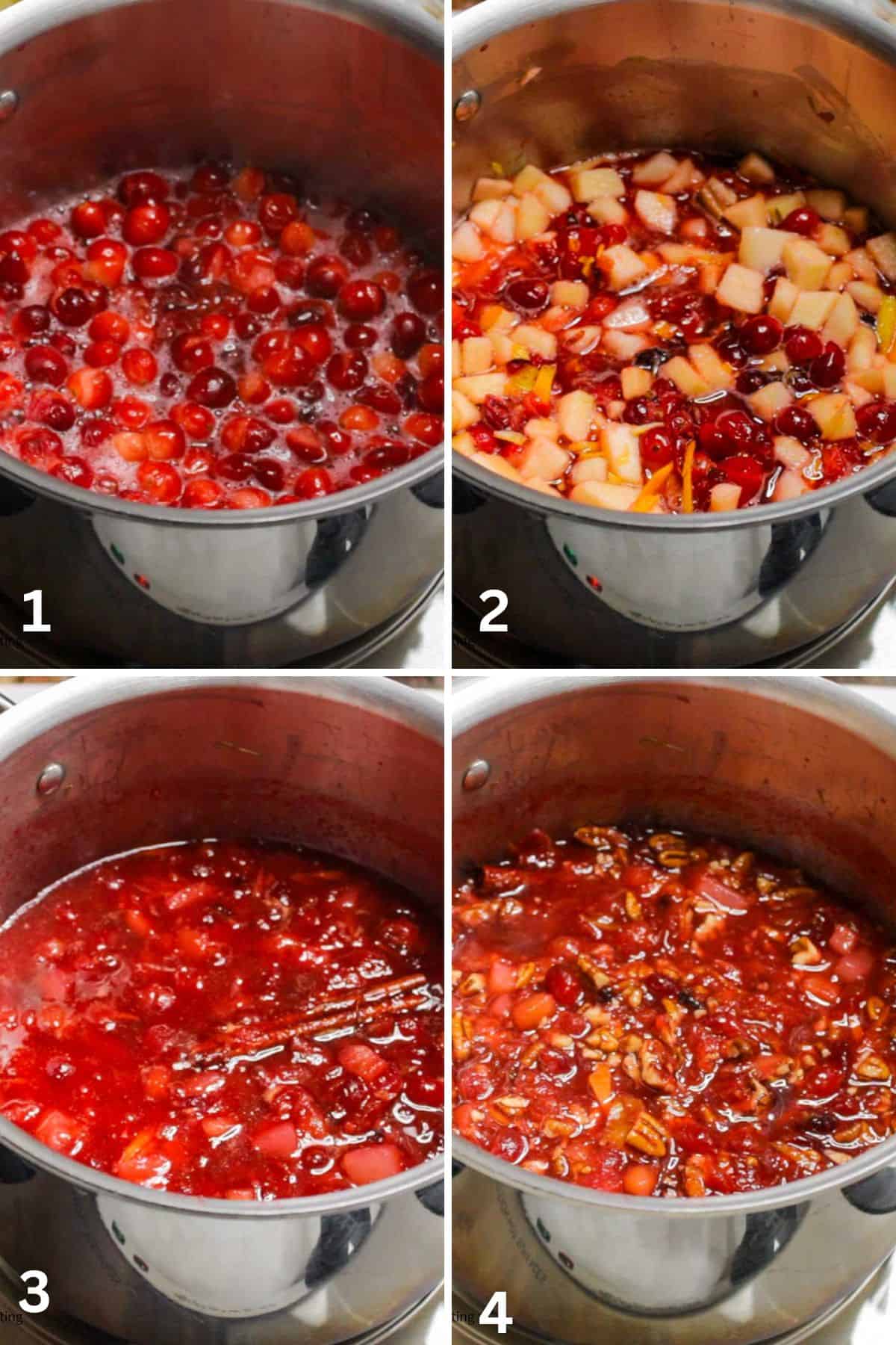 4 process photos of making cranberry chutney with fruit and nuts.