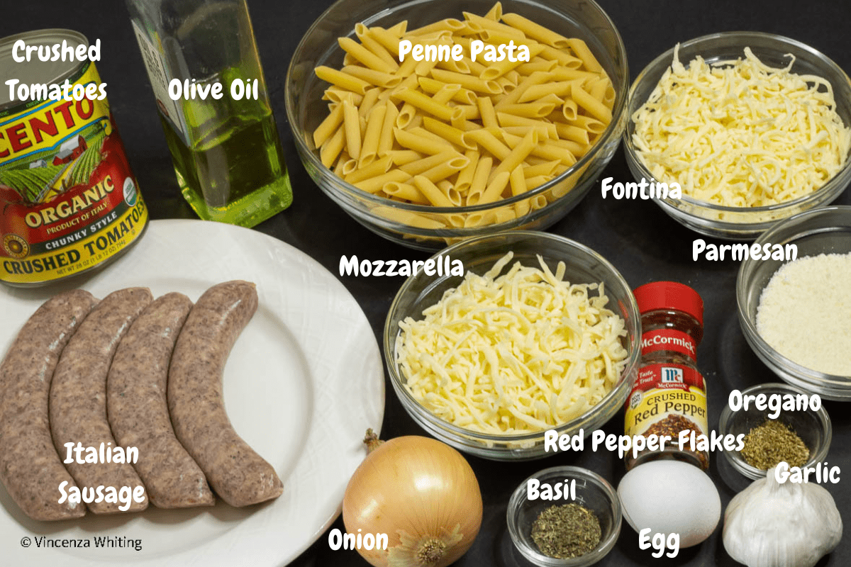 Labeled ingredients: crushed tomatoes, pasta, olive oil, fontina, parmesan, mozzarella, sausage, herbs, eggs, onions, garlic and red pepper flakes.