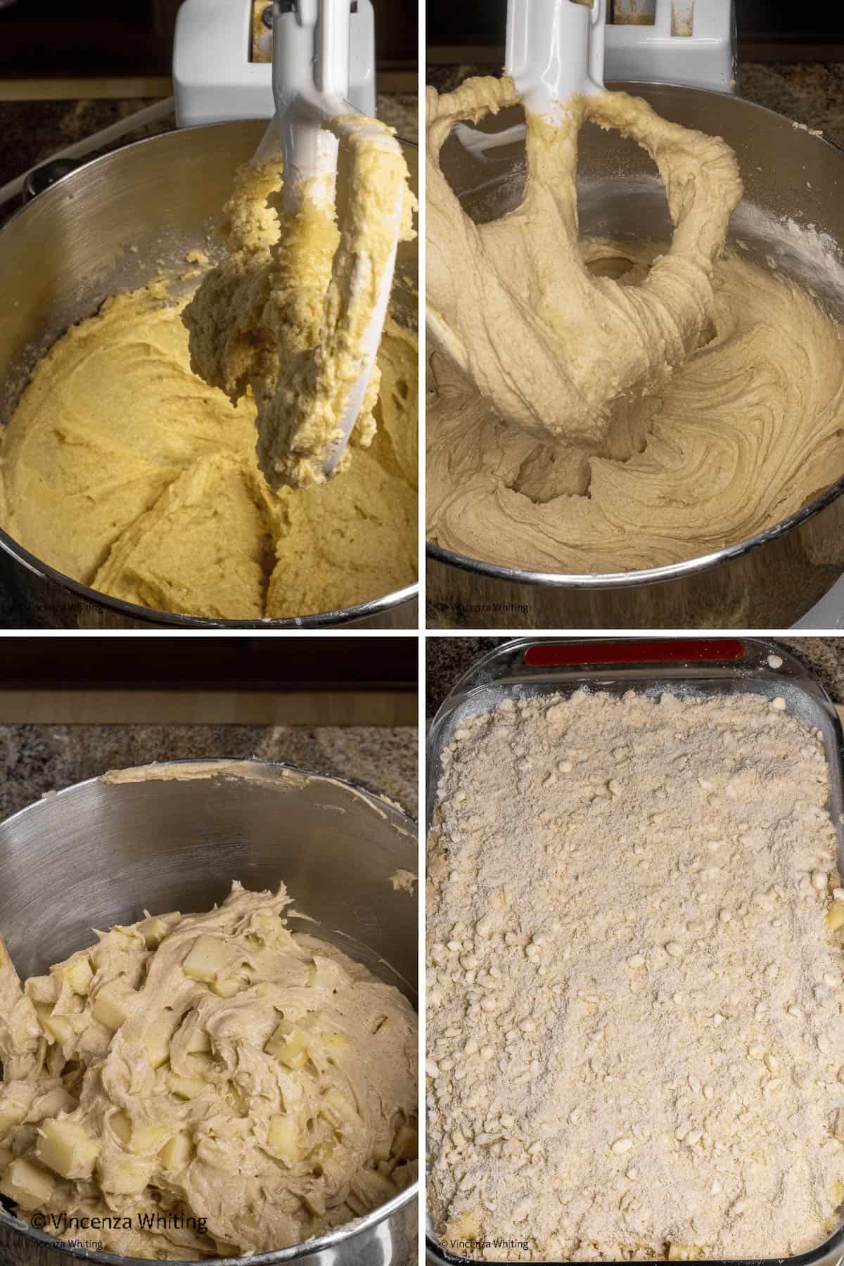 Process photos of making a apple cinnamon cake.