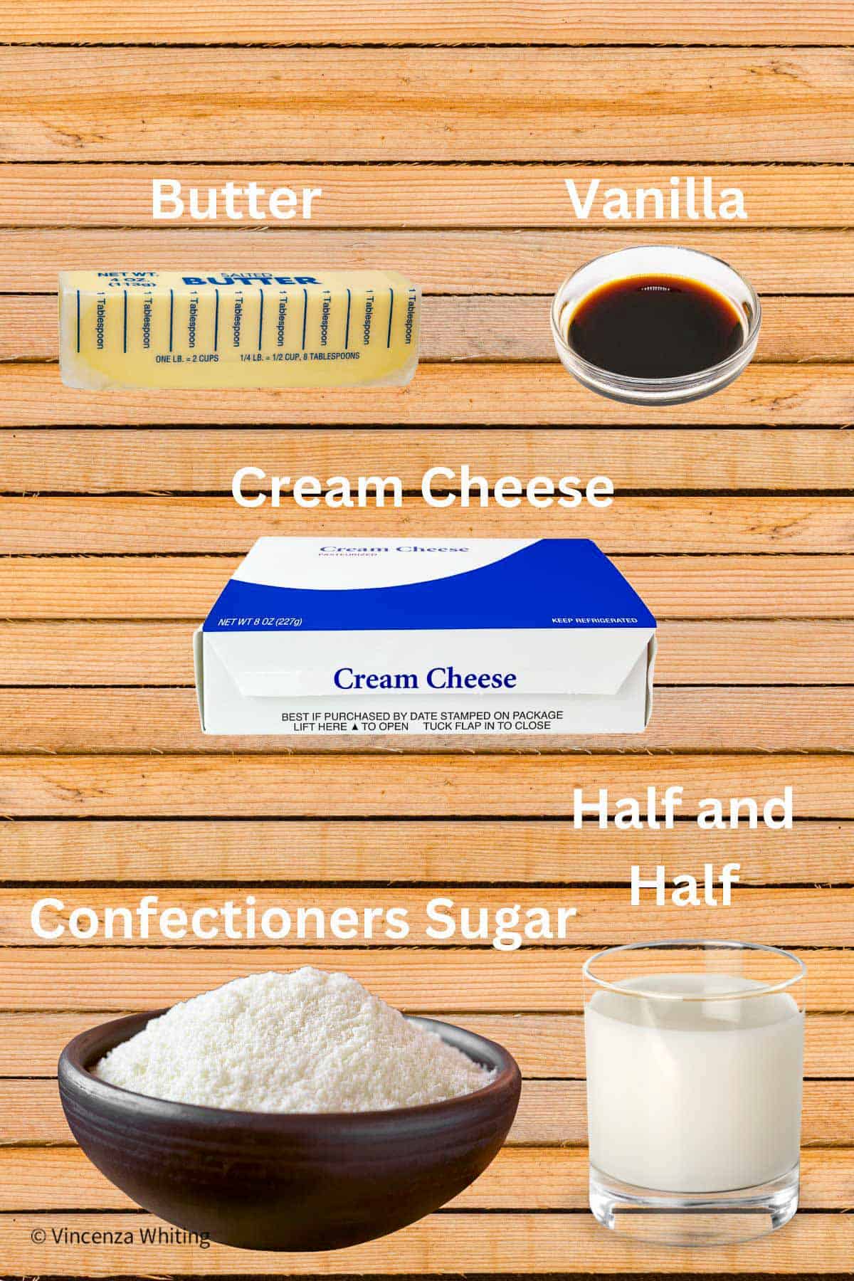 Ingredients needed to make cream cheese frosting with labels.
