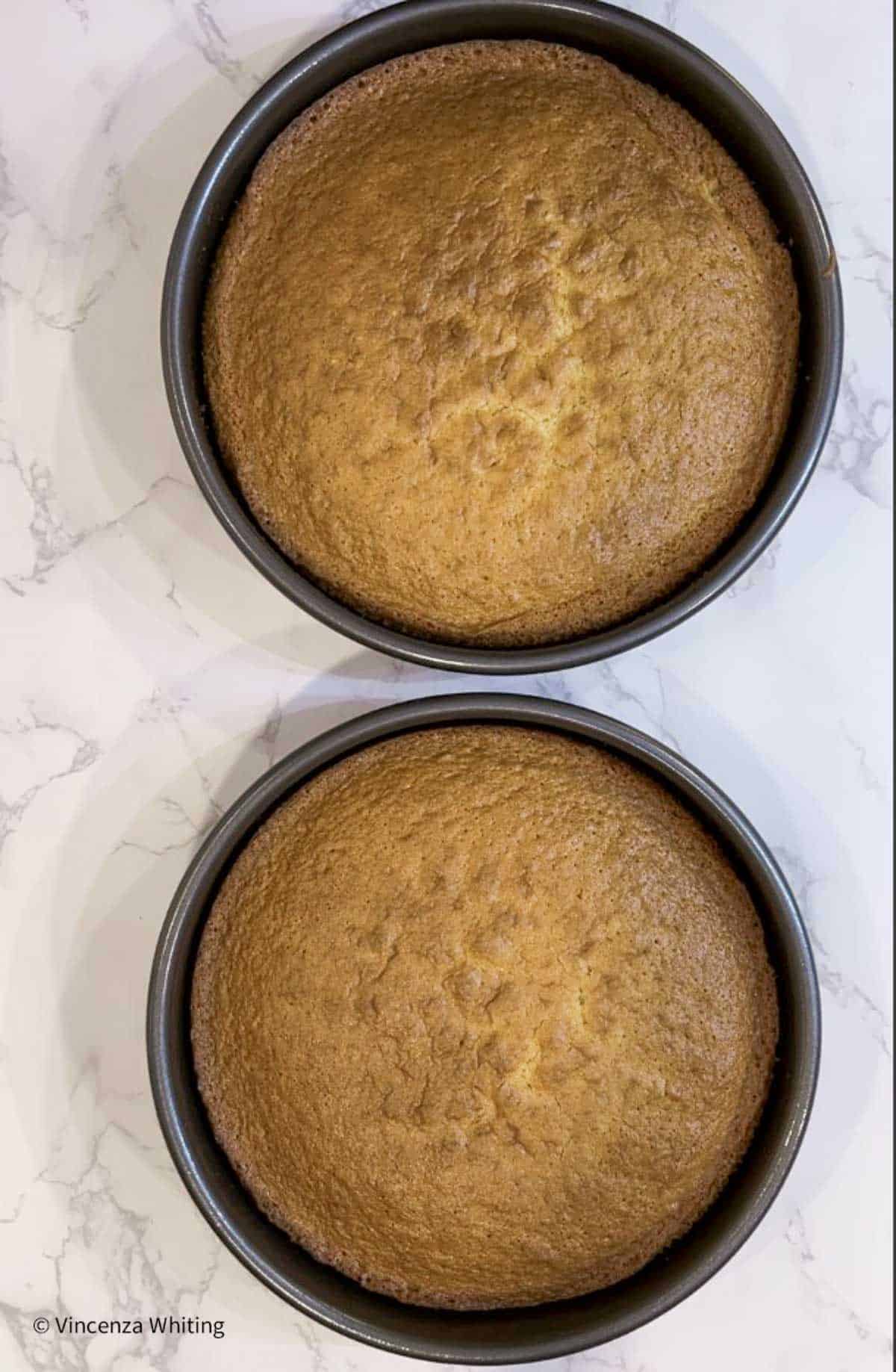 Two baked cake layers in pans.