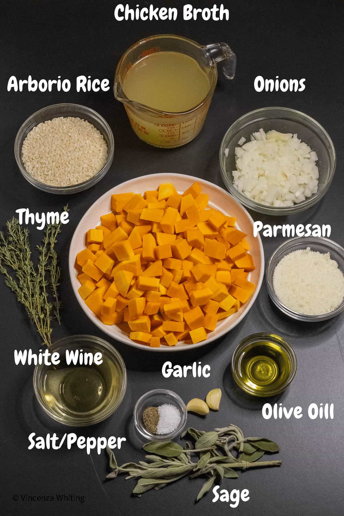 Labeled ingredients for making butternut squash risotto.