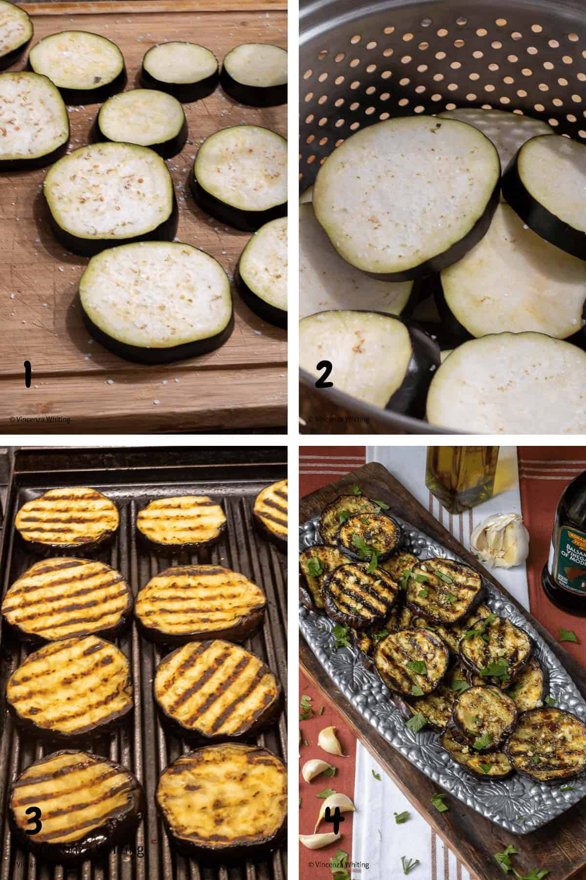 Process photo of slating eggplant slices, setting it to sweat in a colander, grilling it and completed on tray.