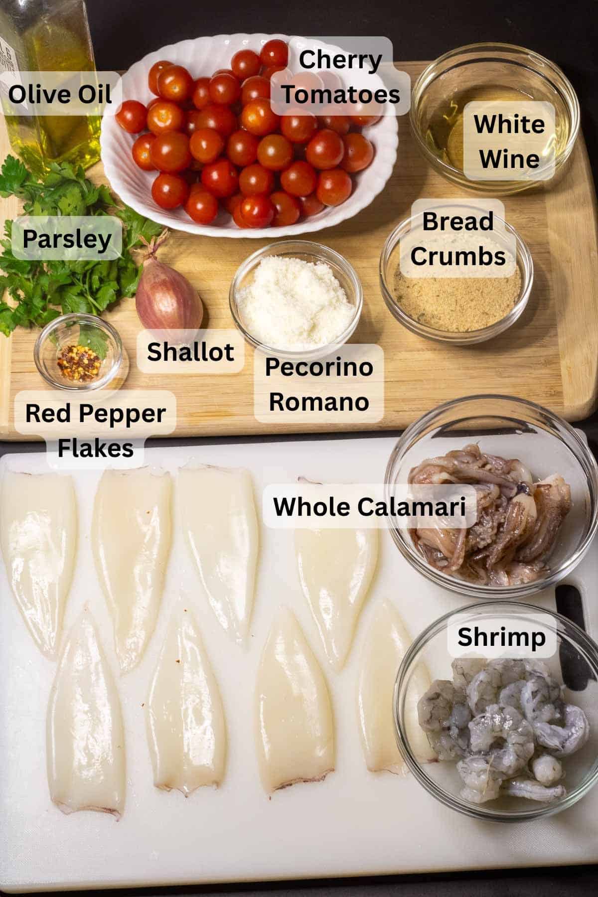 All of the ingredients to make stuffed calamari with lables over each item.