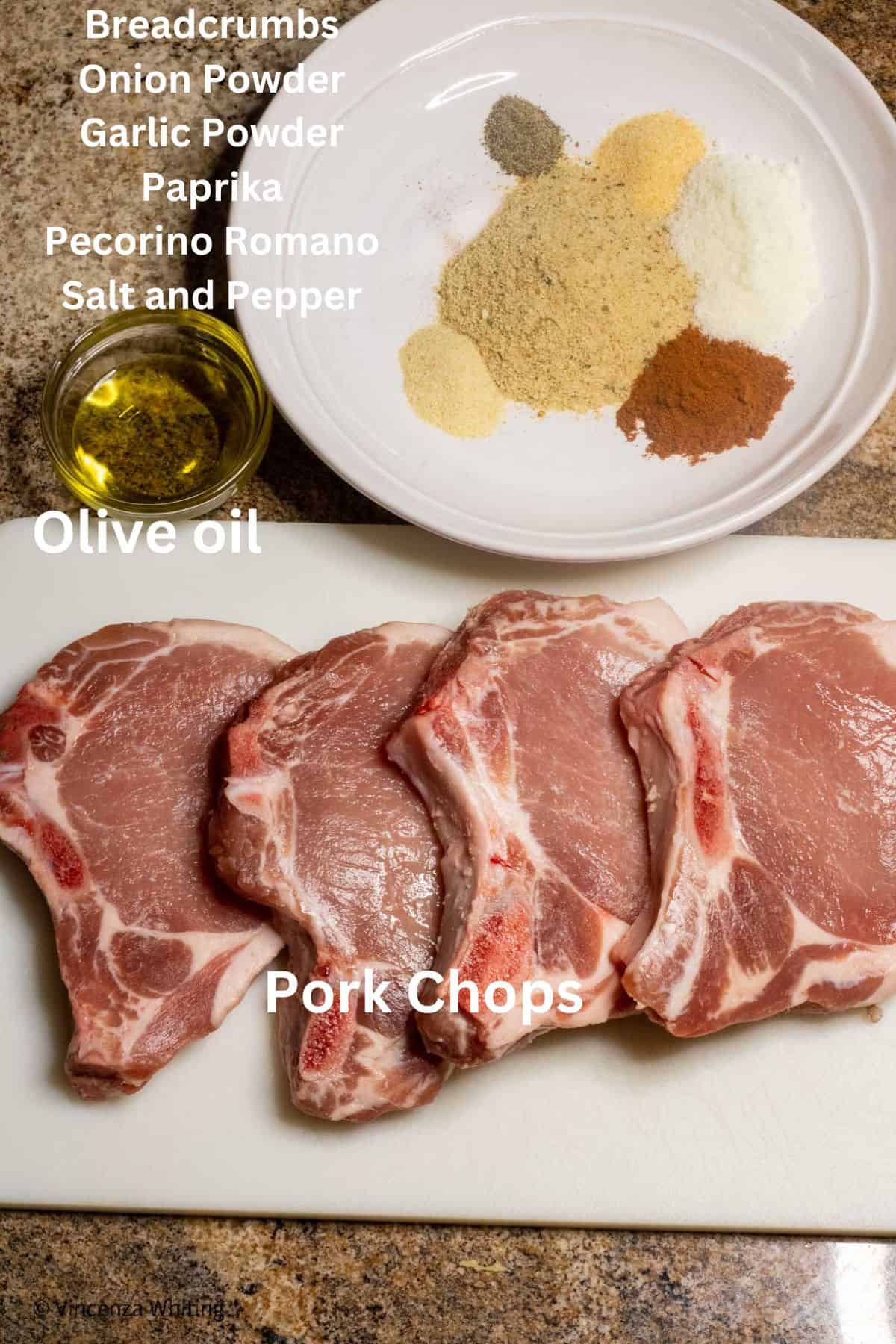A photo of the labeled ingredients to make breaded pork chops.