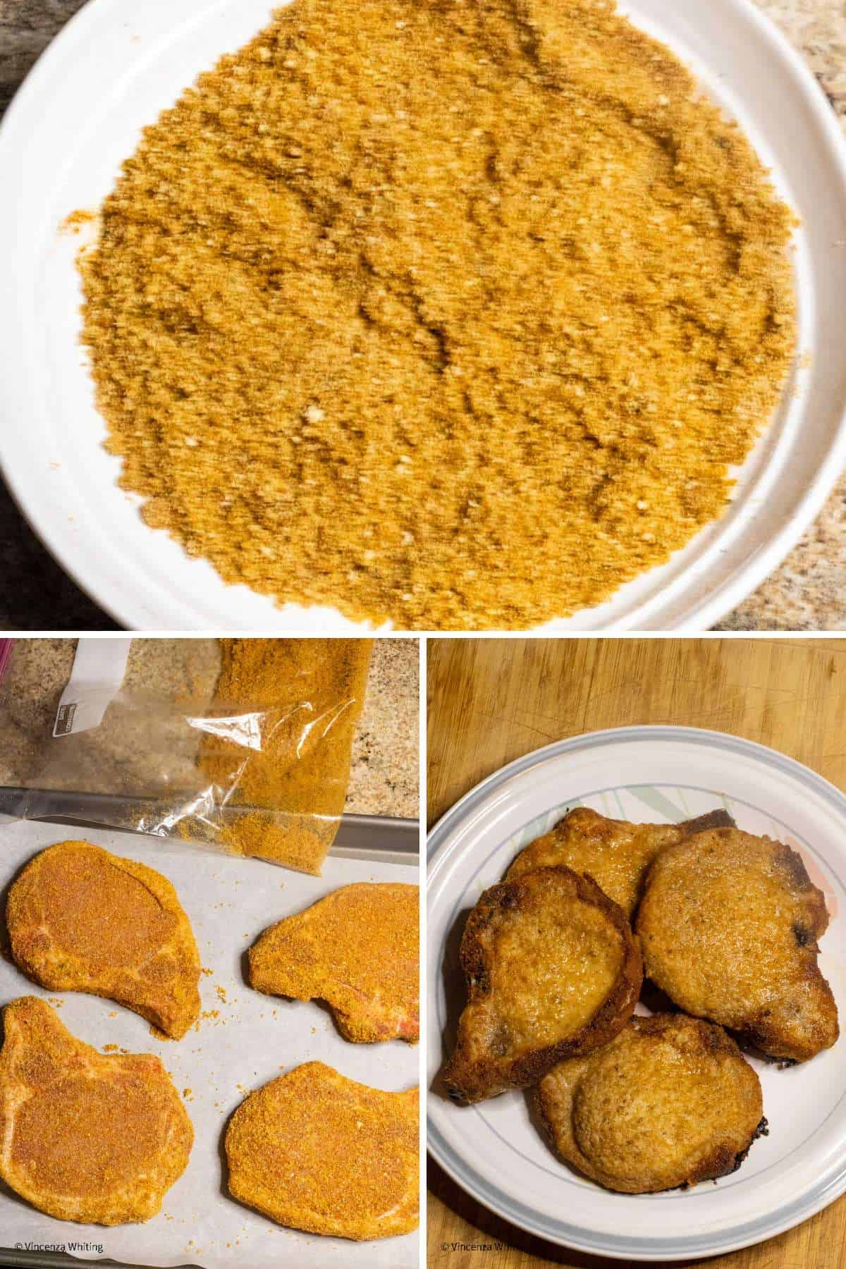 3 photos showing the process for making baked breaded pork chops.