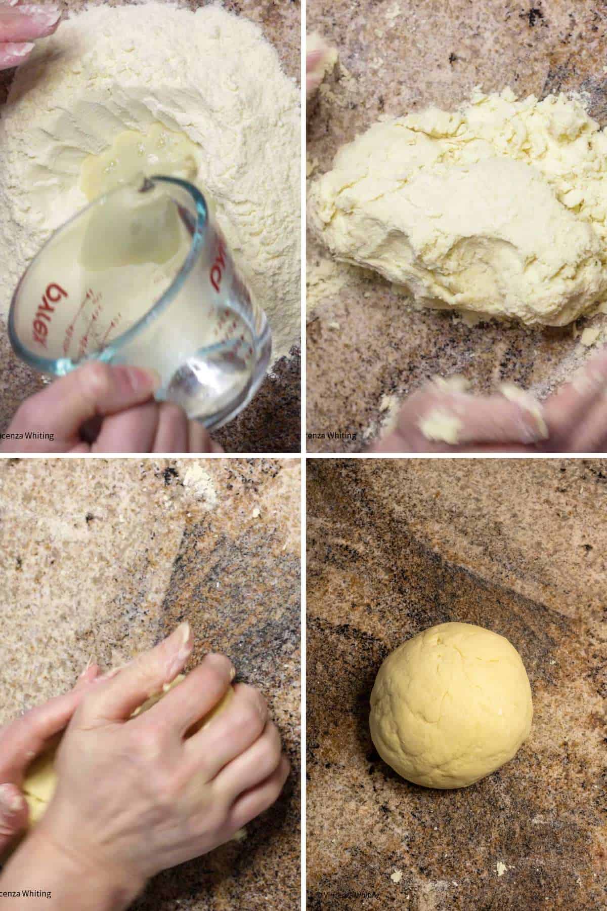 4 photos: the first is water being poured into flour, the second is forming the dough, the third is kneading teh dough by hand and the fourth is a ball of dough.