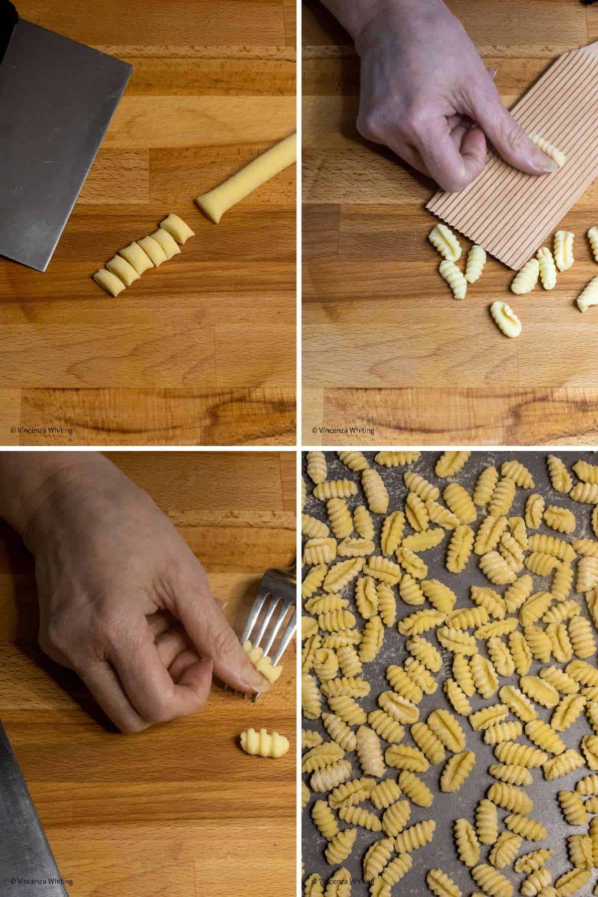 4 photos: the first is cutting dough into small pieces, the second is forming gnocchi on a ribbed wooden board, the third is using the back of a fork to form ridges on the dough and the fourth is finished gnocchetti on a cookie sheet.