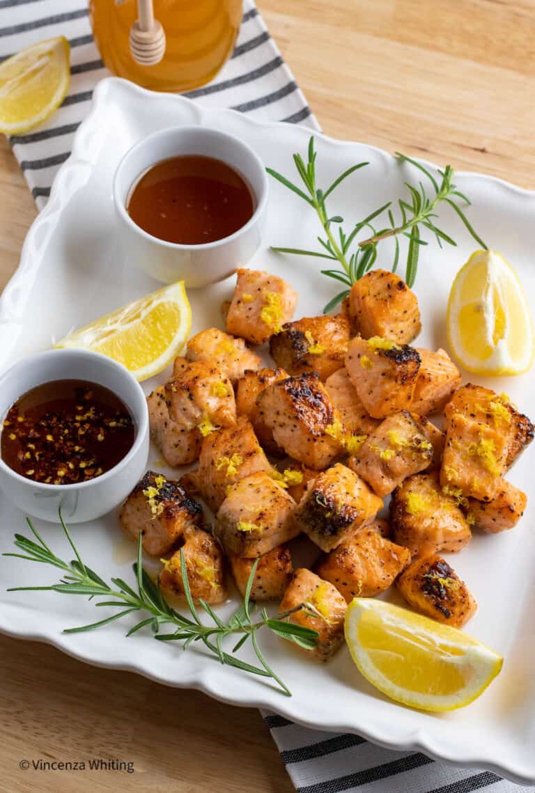 Easy Salmon Bites with Hot Honey Dipping Sauce