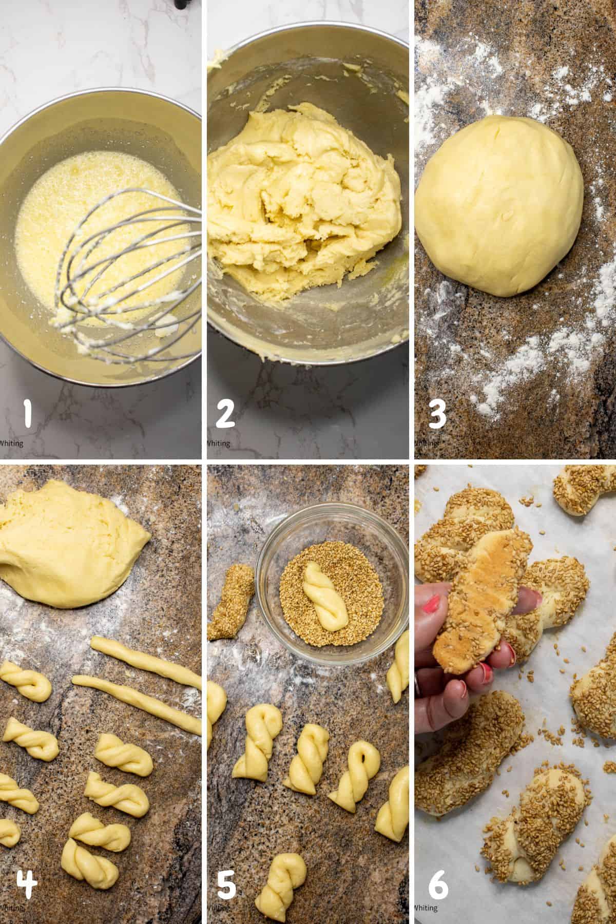 6 photos: whipping eggs, dough in a bowl, a ball of cookie dough on a floured counter, cookie being shaped in braids, braids being coated in sesame seeds and a baked cookie being held up to show the golden color of the bottom of the cookie.