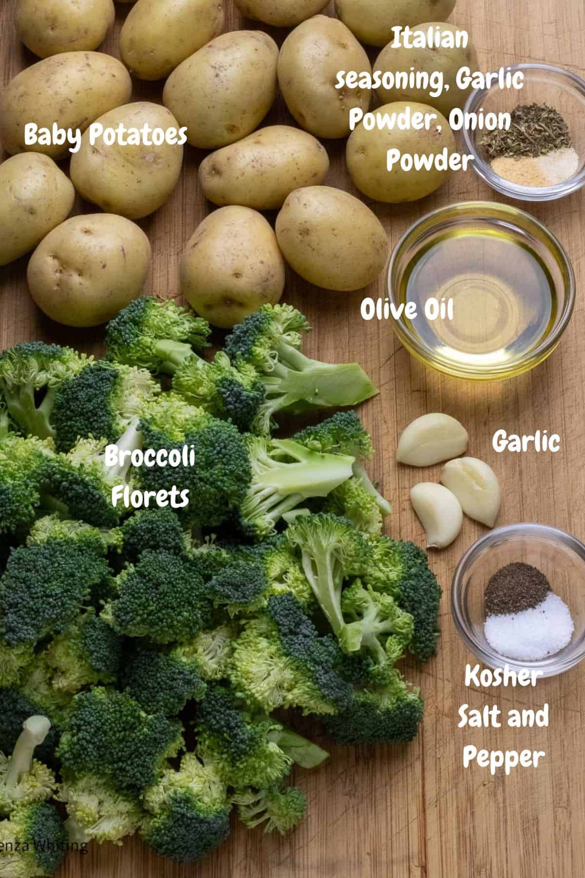 Ingredients for garlic potatoes and broccoli  with labels on them. 