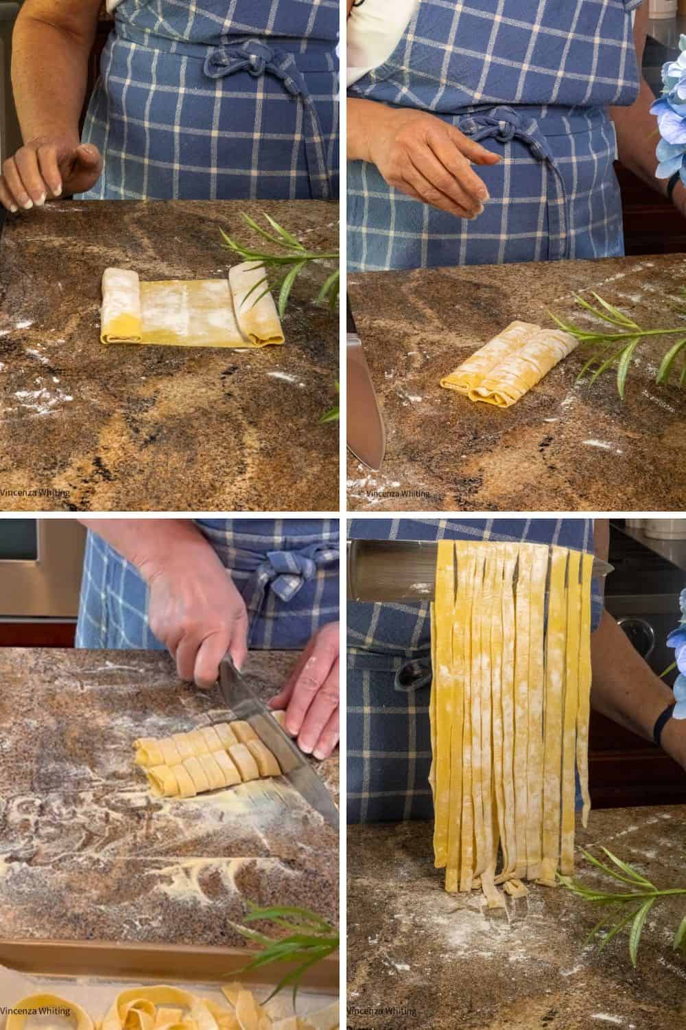 4 photos showing how to cut pasta dough to make long plat noodles.