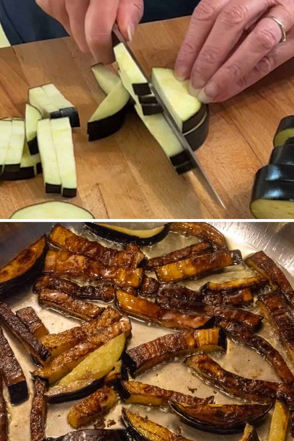 2photos of slicing and cooking eggplant.