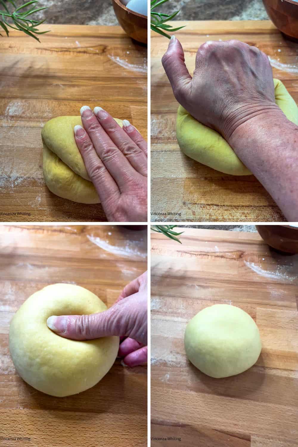 Four photos showing how to knead pasta dough and testing to see if it bounces back.