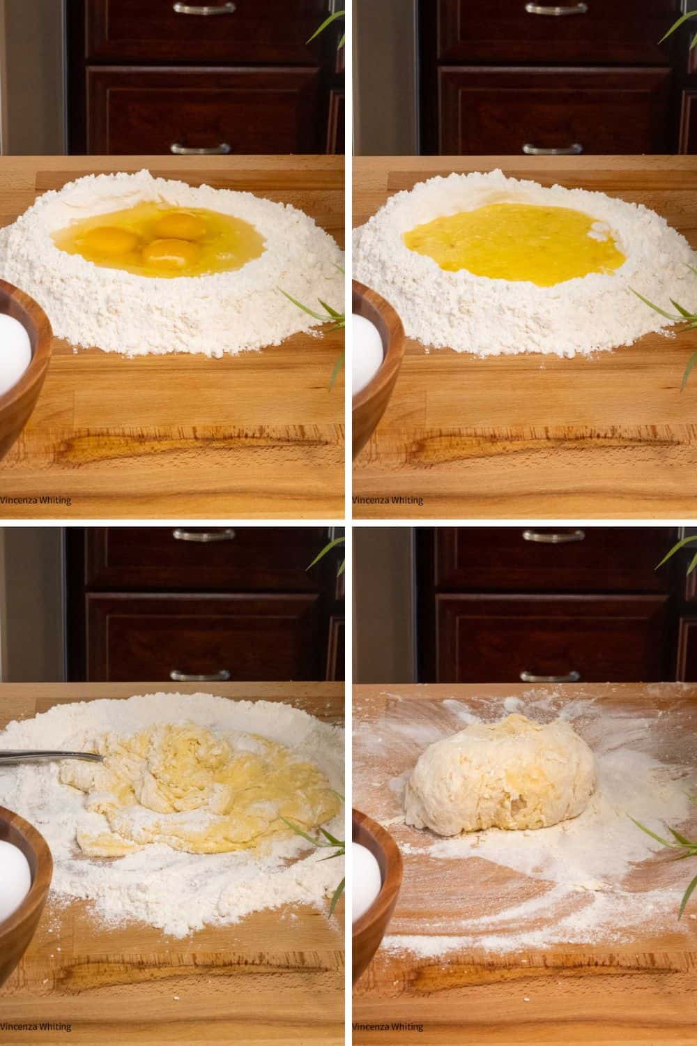 Four photos of making homemade pasta dough.