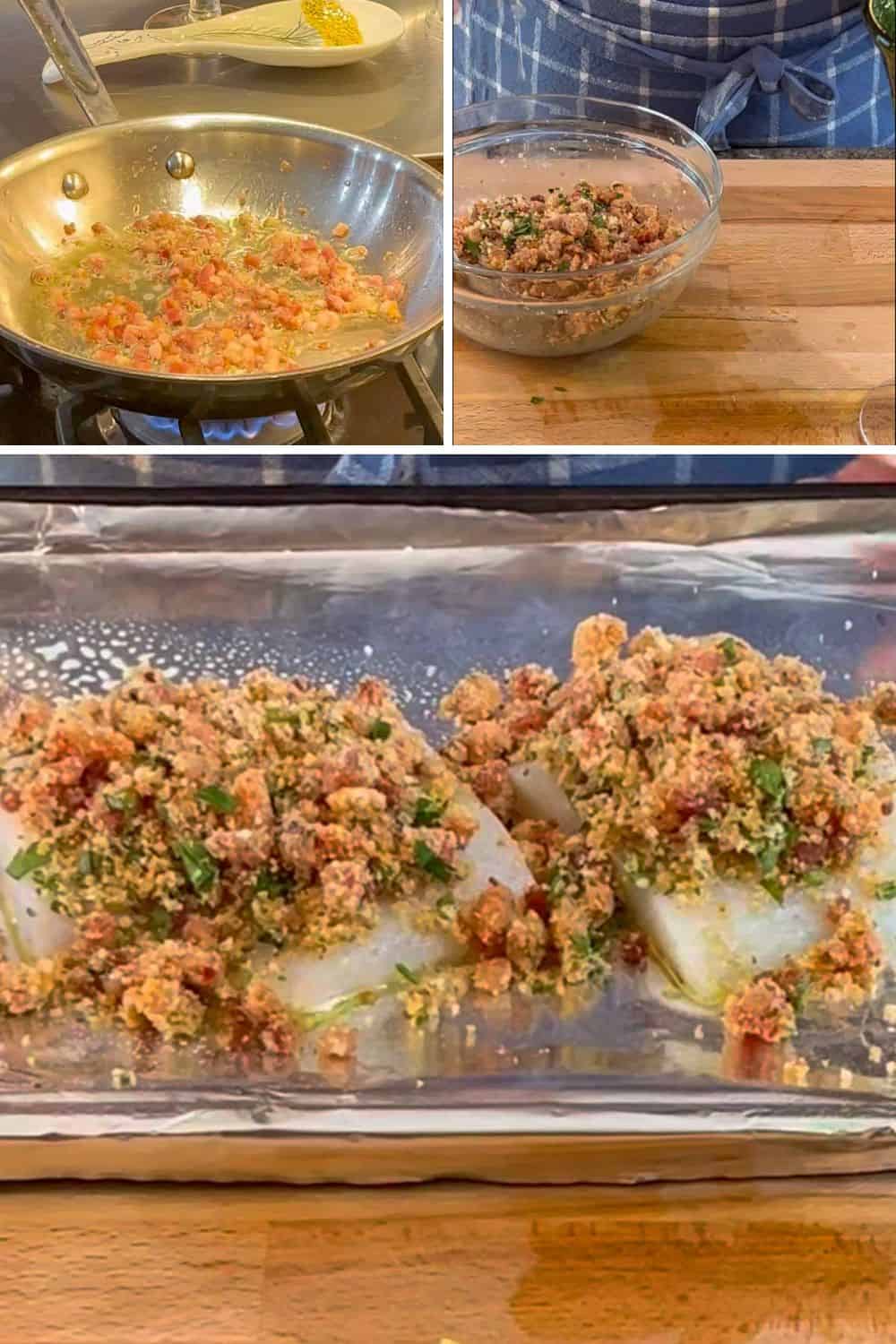 3 process photos of making the topping for baked haddock and the haddock with the topping on it.