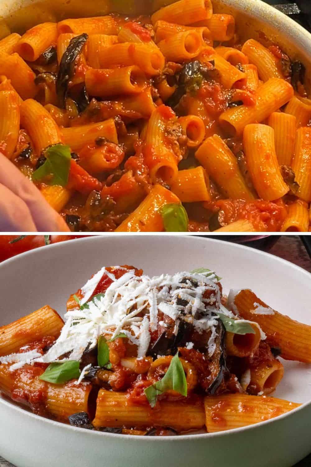 Pasta tossed in sauce and then a photo of pasta in sauce topped with grated cheese.
