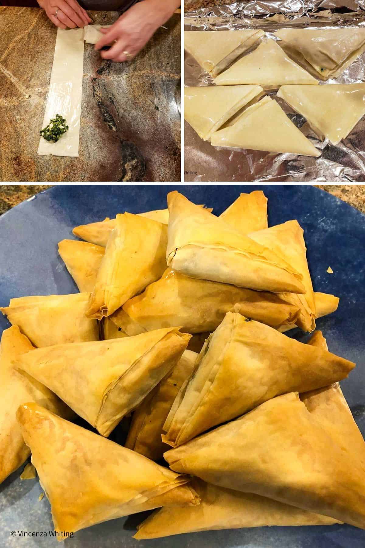 3 photos showing the folding of phyllo strips into triangles, the triangles on a baking sheet and the baked phyllo pockets on a plate.