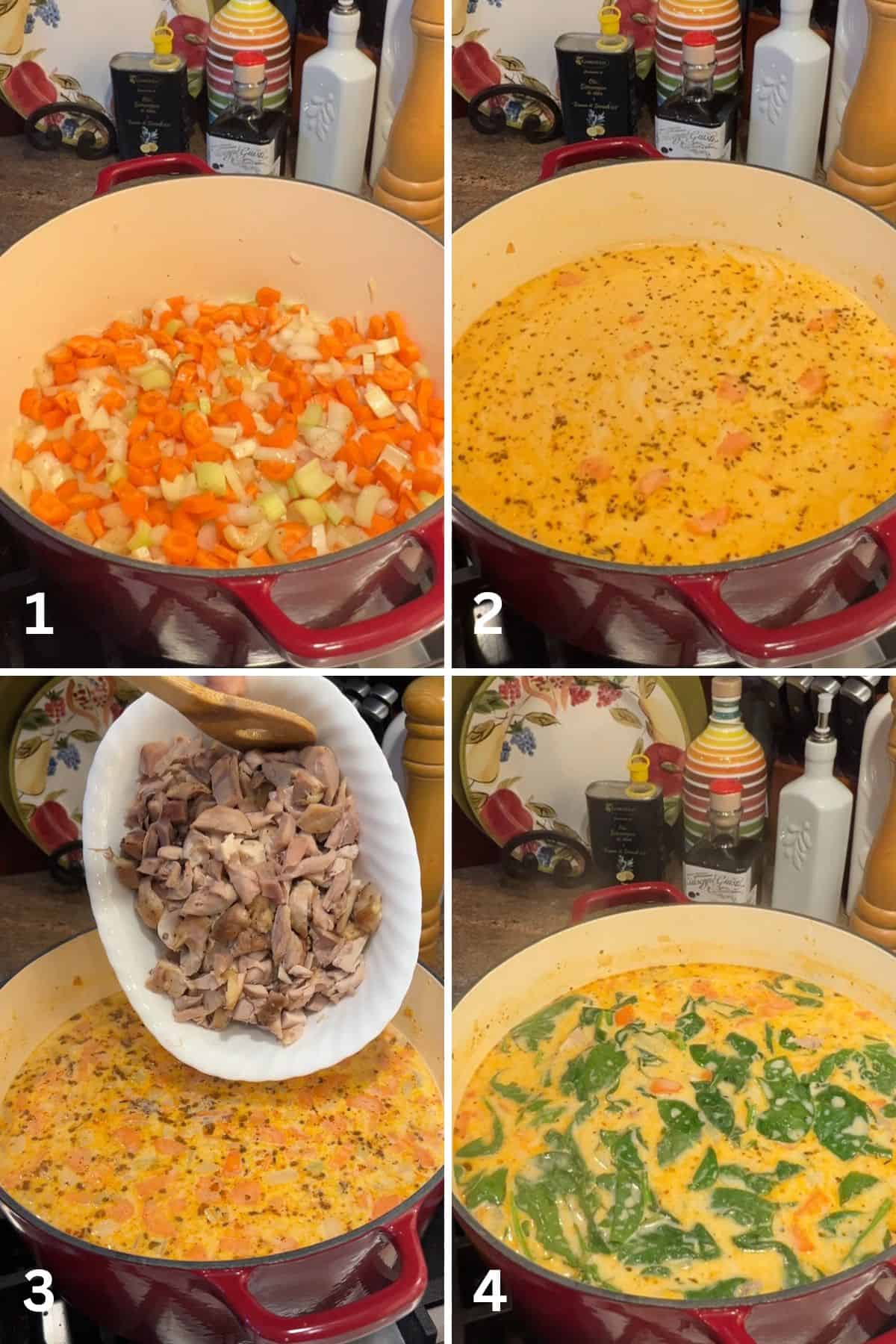 A grid of 4 photos. 1 carrots, selery and onion sauteing in a pot, 2 a cream soup in a pot, 3 cubed chicken being added to the soup and 4, the soup with spinach in it.  