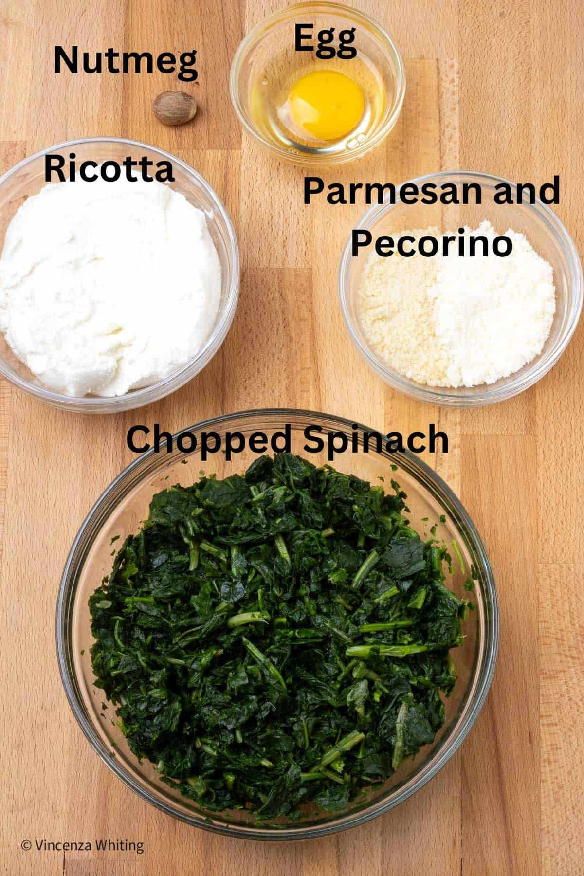 Ingedients for spinach Ravioli Filling with labels over each item.