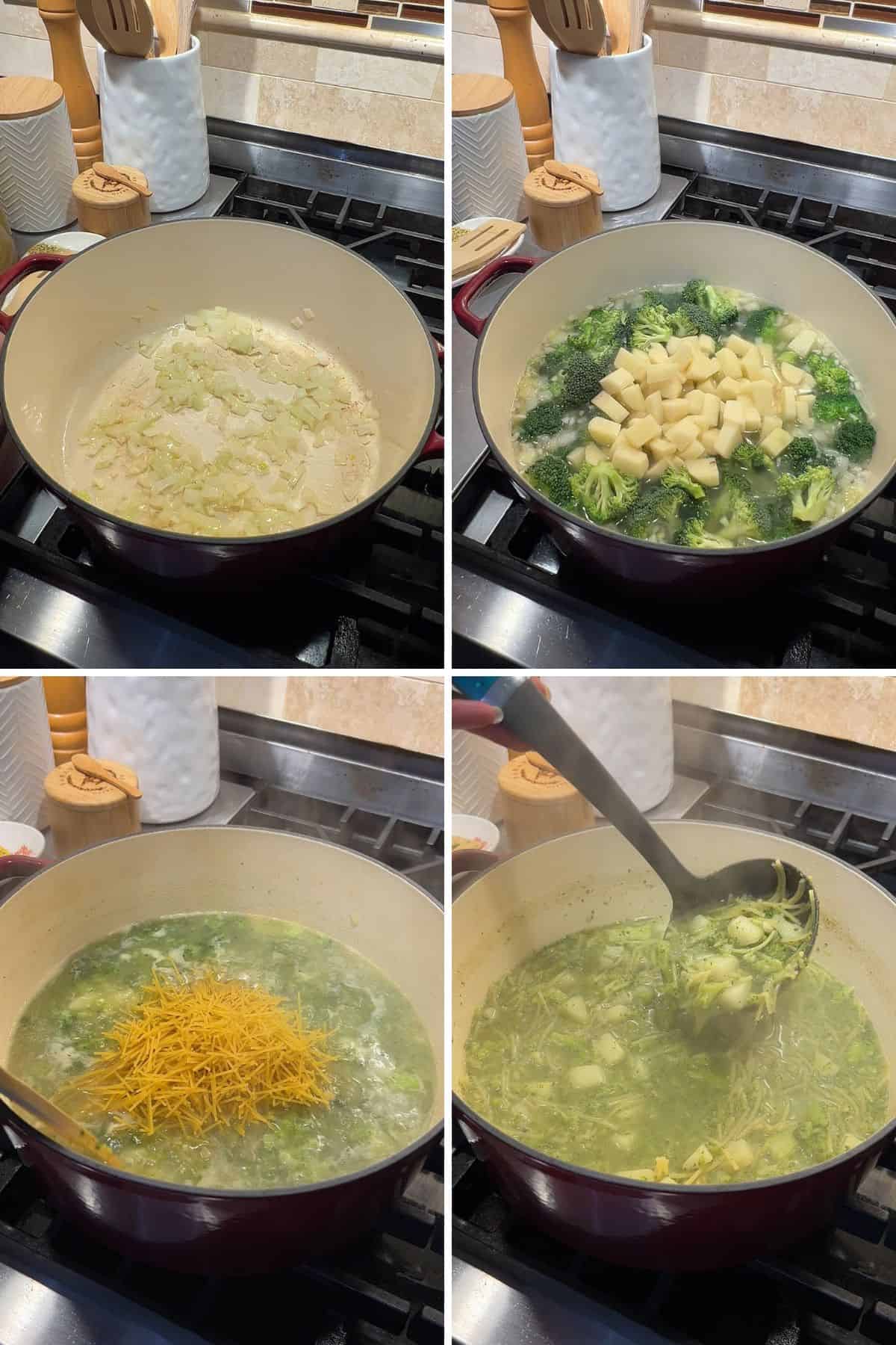 A 4 photo grid showing how to make broccoli soup with pasta.