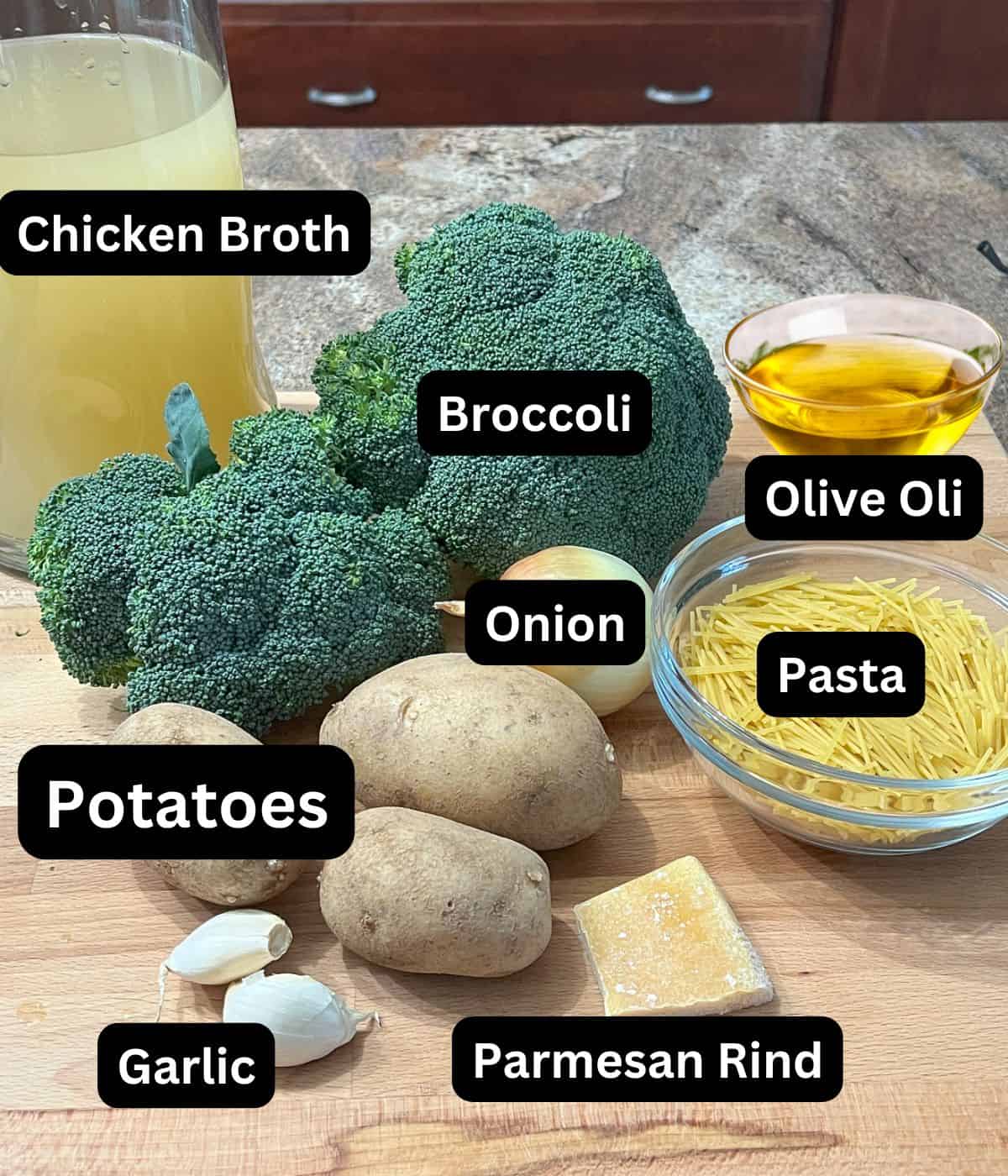 A photo of broccoli, a pitcher of chicken broth, potatoes, onion, garlic, olive oil, a bowl of broken spaghetti, and a parmesan rind, with labels over them.