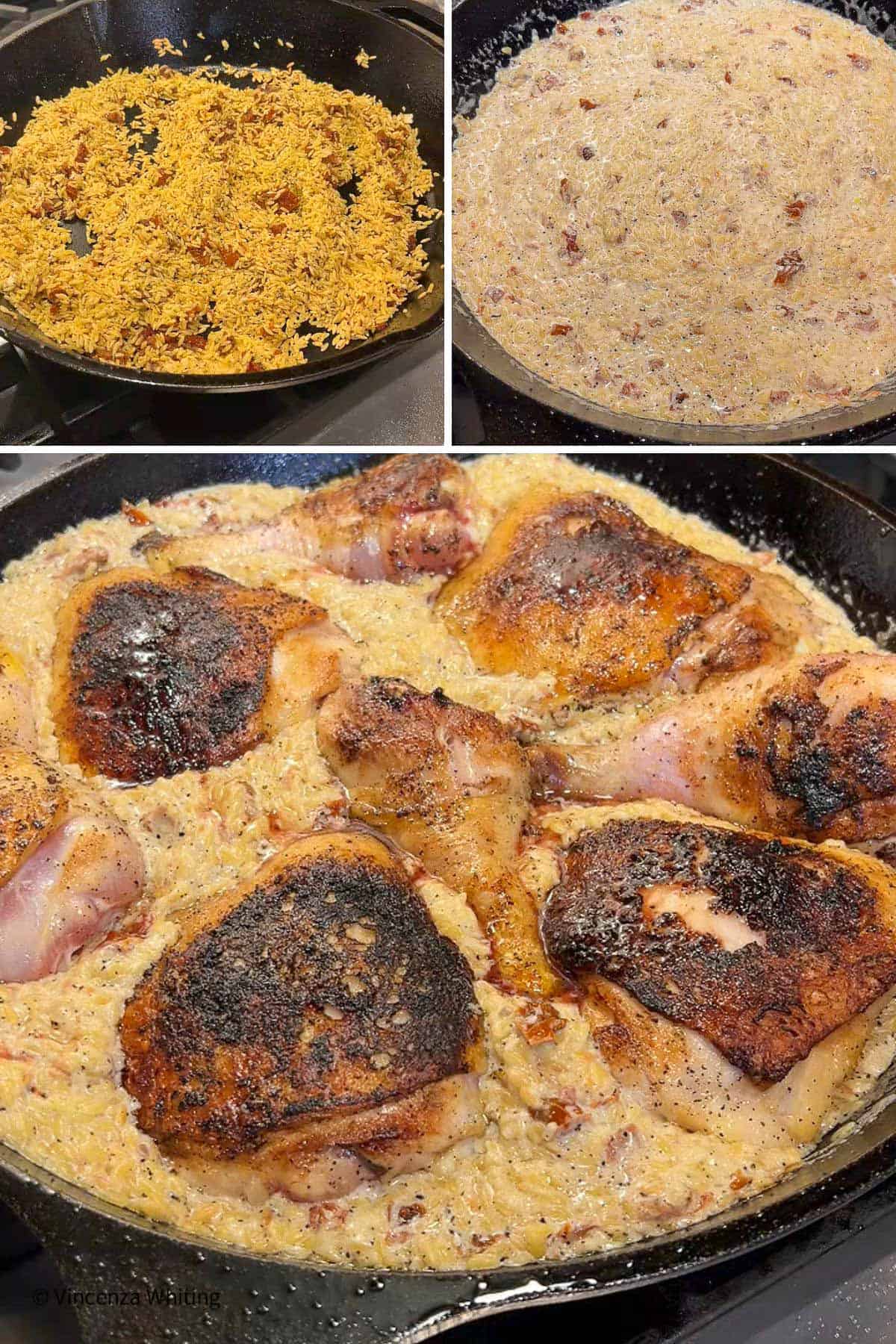 Three photos: one showing orzo in a cast iron pan, two showing orzo in a creamy sauce, three the creamy orzo with browned chicken on top.  