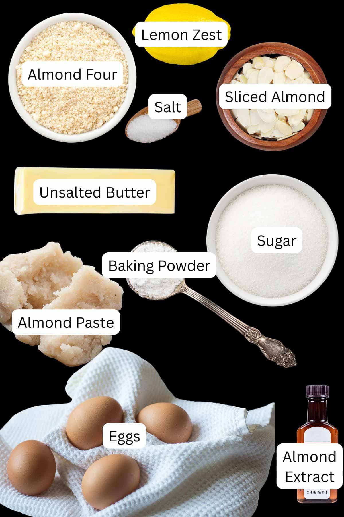 Italian Almond Cake Ingredients on a black background.