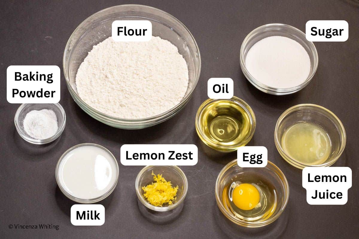 Ingredients for making Anginetti cookies on a lblack background with labels.