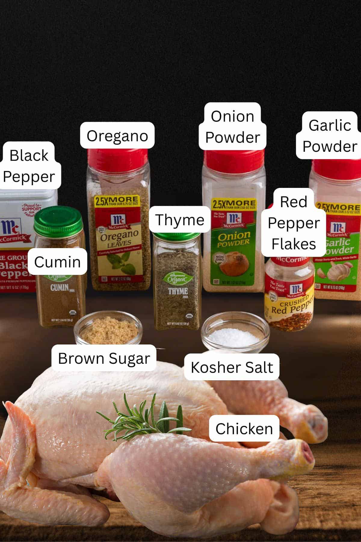 The ingredients to make a spatchcocked chicken with dry rub.