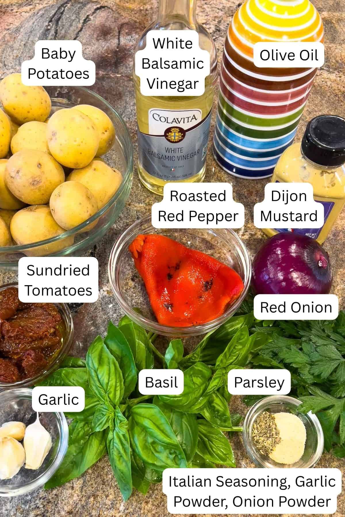 Ingredients for a roasted potato salad with labels over each item.