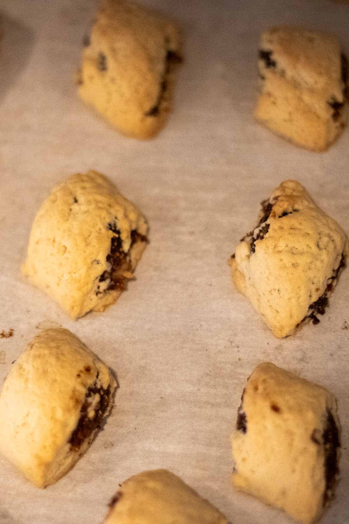 Baked cuccidati cookies on parchment paper.