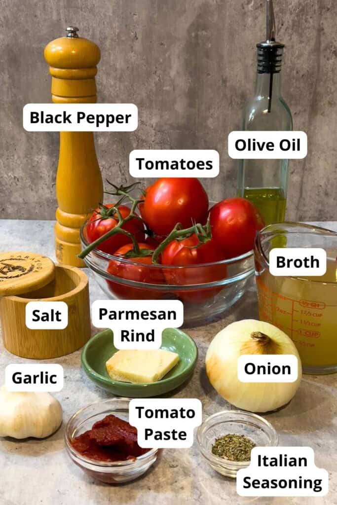 Ingredients to make tomato soup with labels over each item.