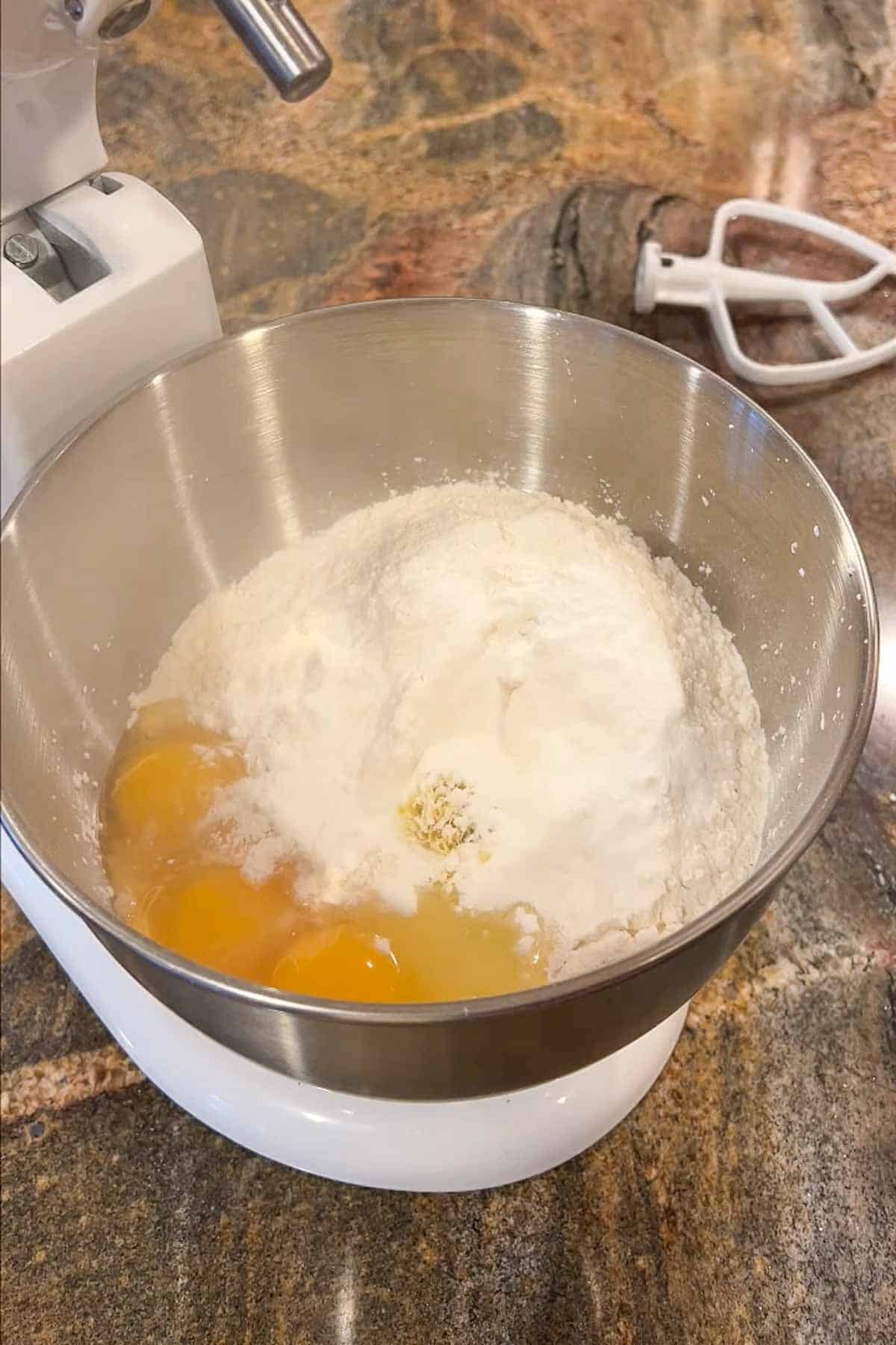cookie ingredients in the bowl of a stand mixer.  