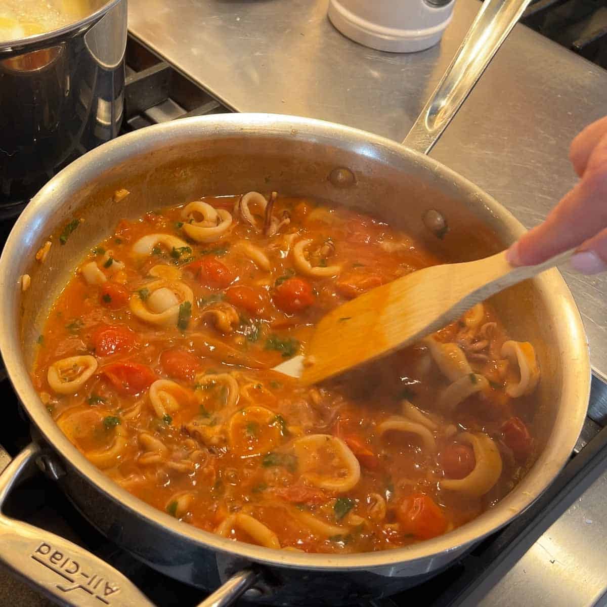 Calamari in a cherry tomato sauce.