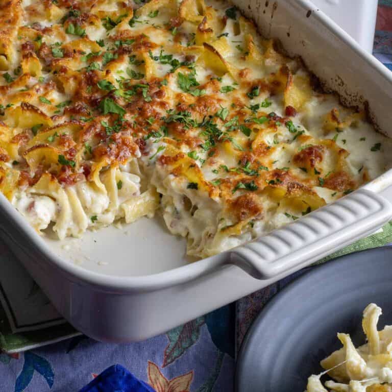 A baking dish of Italian Mac and Cheese with Pnacetta.